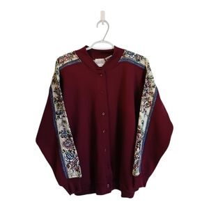 Vintage Gadsport Burgungy Cardigan With Pockets Floral Sleeves Med Grandmacore